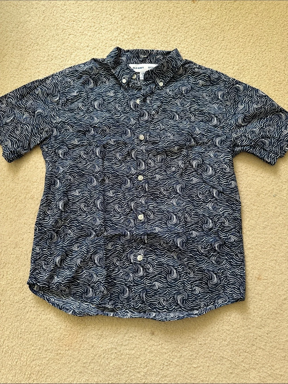 Old Navy boys Navy & White Swirl-Print Short Sleeve Button-Up Shirt